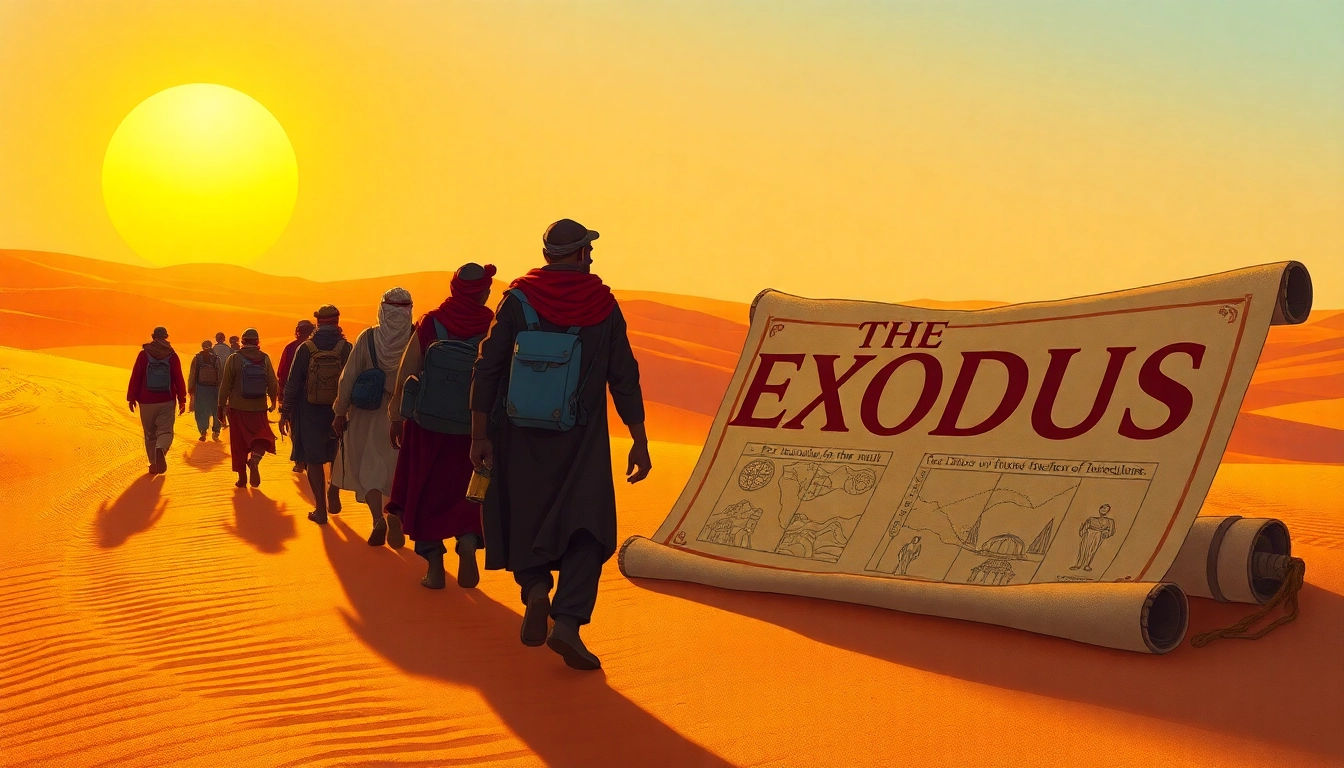 Depict a diverse group on an exodus journey through a sunset-lit desert, highlighting their determination and unity.