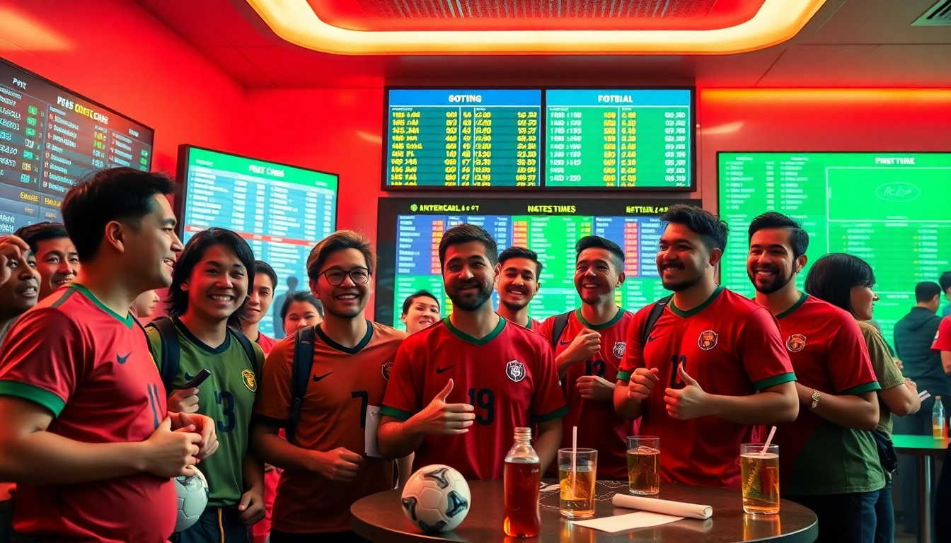 Enthusiastic fans engaging in situs judi bola at a modern betting kiosk with vibrant displays.