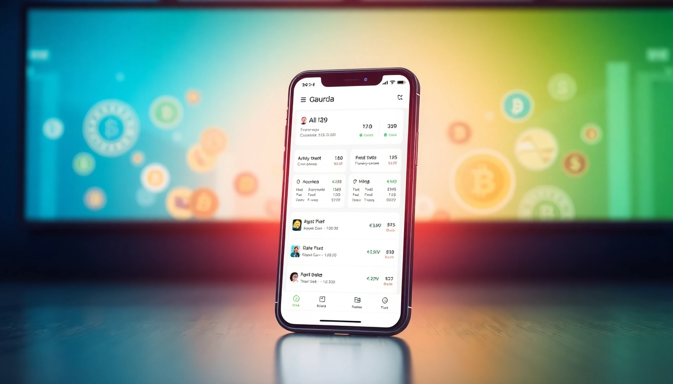 Showcasing the gaurda wallet's digital interface with highlighting features in a modern style.