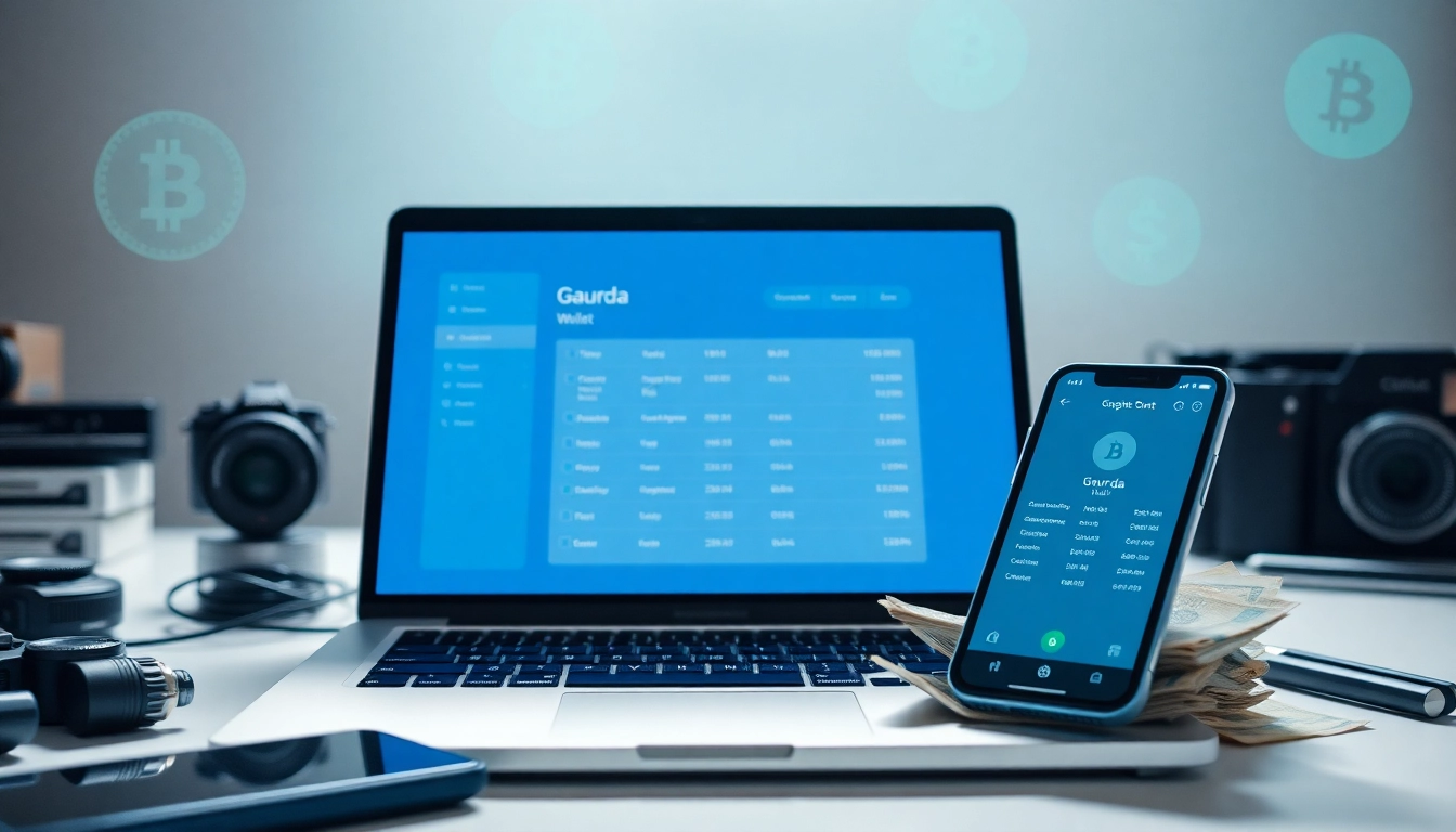 Showcasing the gaurda wallet interface on a laptop in a modern workspace.