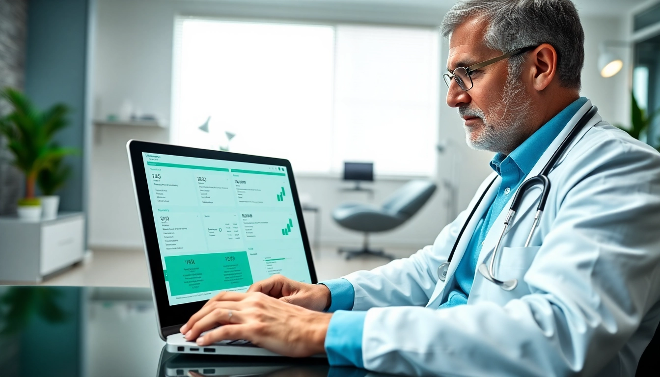 Accessing eprescribing software for doctors in a modern medical office with a professional atmosphere.