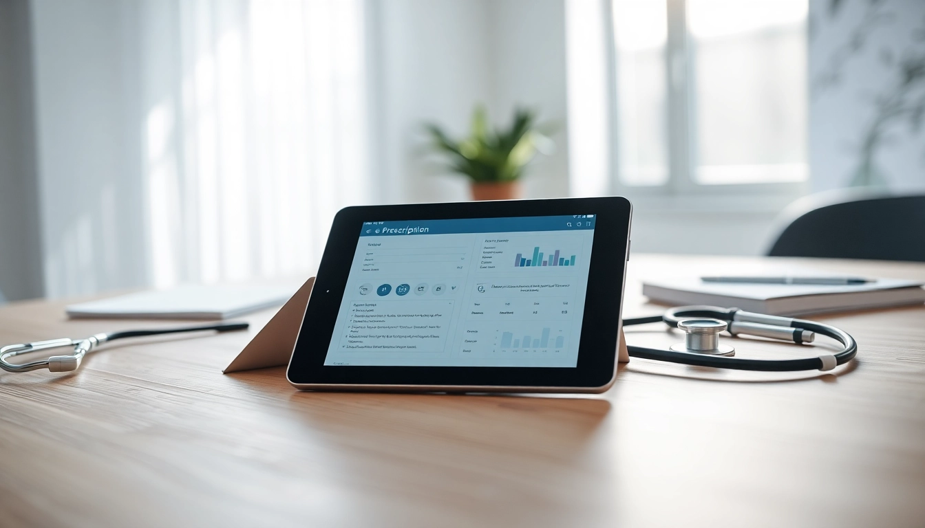 Explore features of free eprescription apps displayed on a tablet in a modern clinic setting.