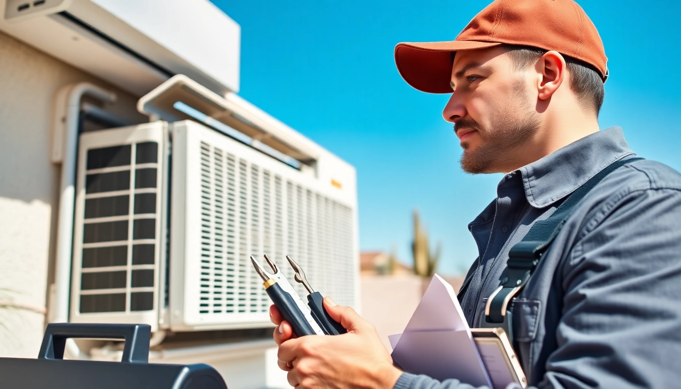 Expert ac repair phoenix az technician servicing an air conditioning unit in a sunny desert home.