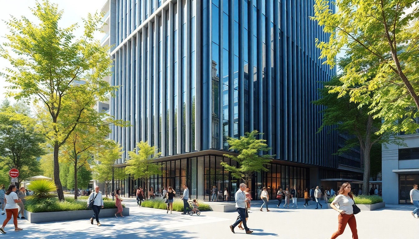 Architekturvisualisierung eines modernen Gebäudes in einer lebhaften Stadtlandschaft.