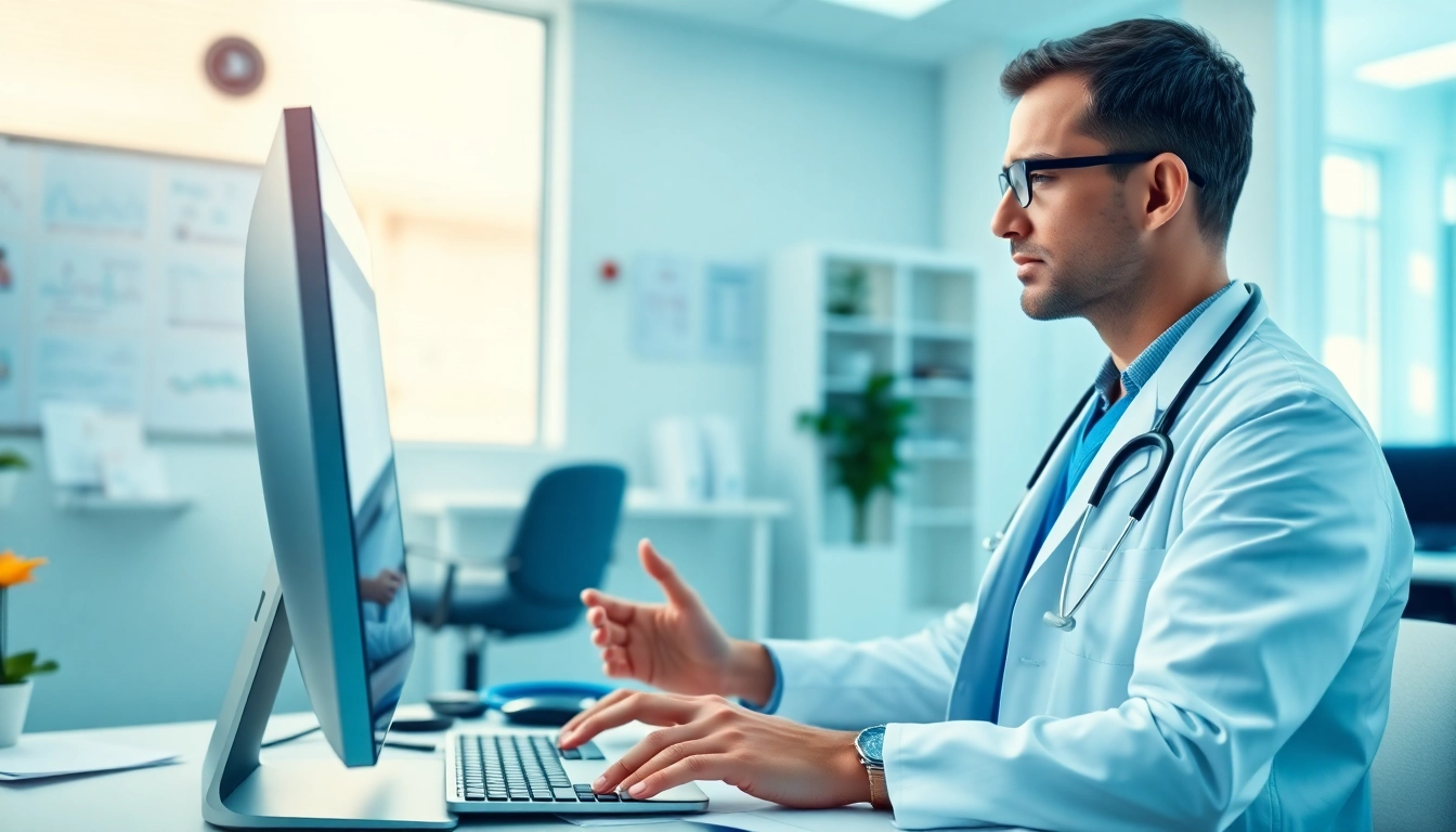 Doctor efficiently utilizing eprescribing software for doctors in a modern healthcare setting.