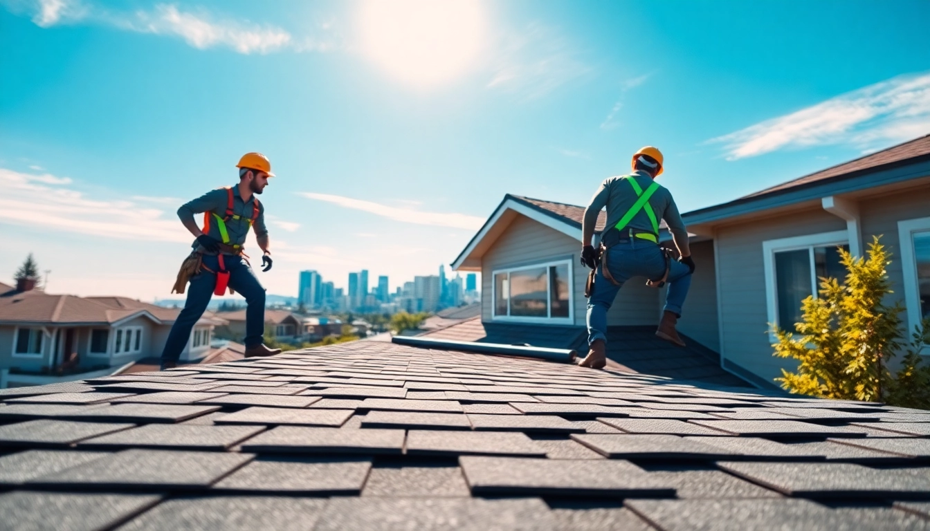 Roofing Replacement Portland Oregon showcasing professionals working on a home in a vibrant, clear-sky setting.